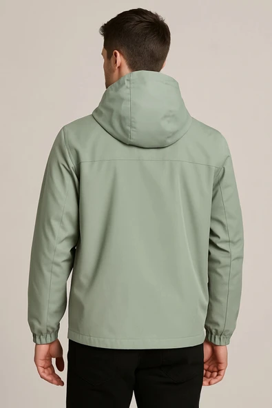 Kapüşonlu Fermuarlı Yeşil Renk Yağmurluk - Resim 2
