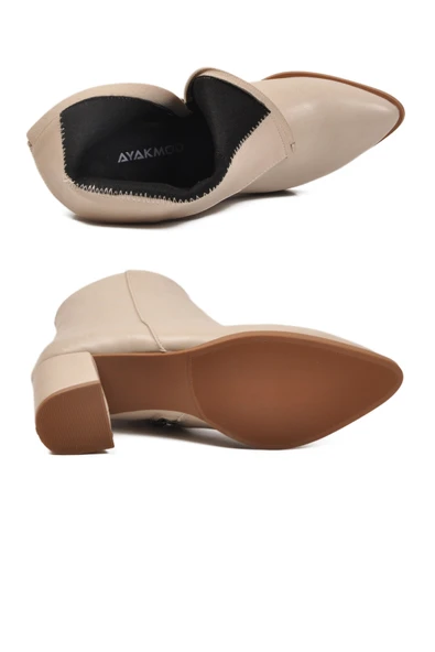 Ayakmod Bej Cilt Fermuarlı Polarlı Kaymaz Kadın Topuklu Bot 343126 Z - Resim 5