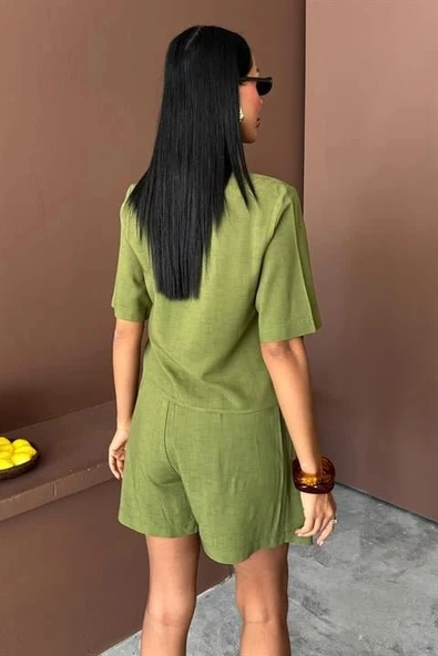 Gömlek Şort Etek Viscon Keten Takım 10162 - Resim 4