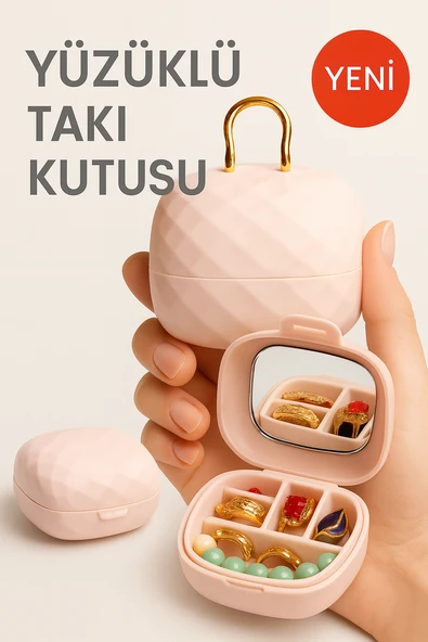 Taşınabilir Yüzüklü Takı Kutusu – Ayna ve 4 Bölmeli Mini Mücevher Organizer - Pudra - Resim 6