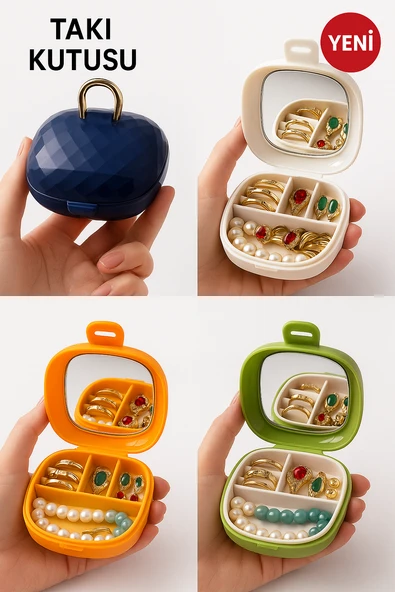 Taşınabilir Yüzüklü Takı Kutusu – Ayna ve 4 Bölmeli Mini Mücevher Organizer - Yeşil - Resim 5