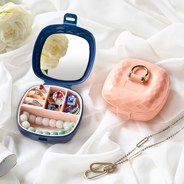 Taşınabilir Yüzüklü Takı Kutusu – Ayna ve 4 Bölmeli Mini Mücevher Organizer - Lacivert - Resim 4