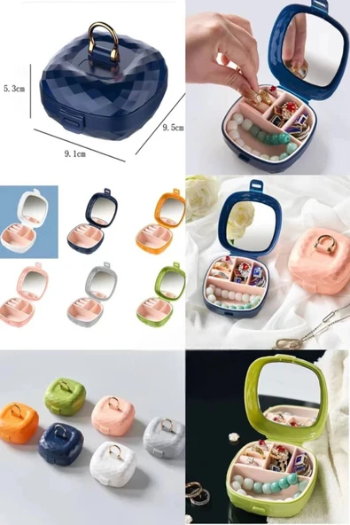 Taşınabilir Yüzüklü Takı Kutusu – Ayna ve 4 Bölmeli Mini Mücevher Organizer - Yeşil - Resim 2