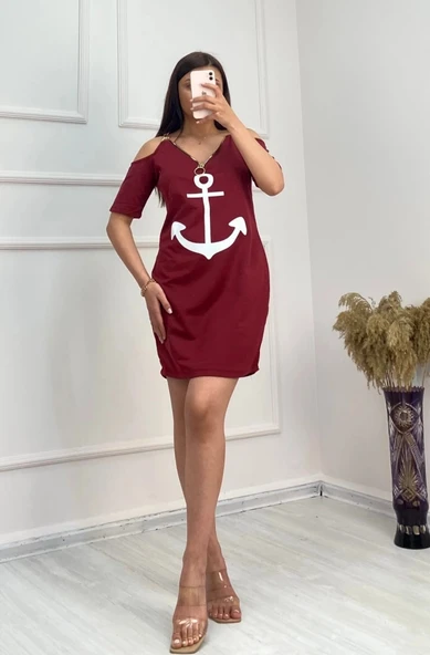 Fermuar Detay çıpa Baskılı Zincir Askılı Iki Iplik Elbise  Bordo - Resim 5