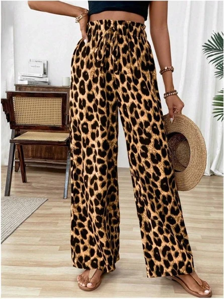 Kadın Süprem Kumaş Beli Lastikli Leopar Desen Pantolon - Resim 4