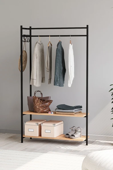 Bofigo Konfeksiyon Askısı Ayaklı Askılık Elbise Askılığı Raflı Askılık Jüpiter Çam - Resim 3