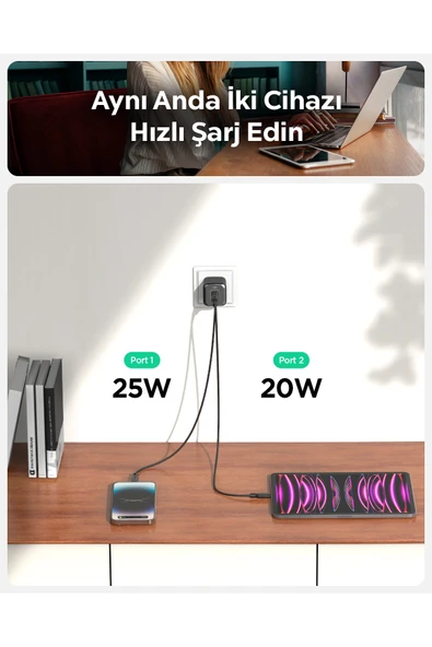 Spigen ArcStation Pro GaN 452 45W 2 Port USB-C Güç Adaptörü Sierra Blue ACH05156 - Resim 2