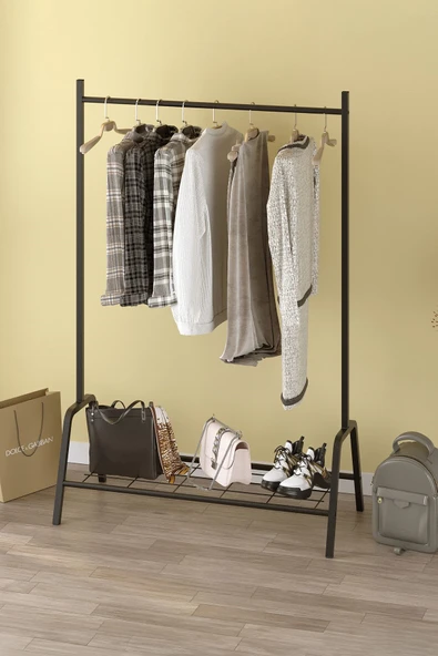 Bofigo Konfeksiyon Askısı Ayaklı Askılık Elbise Askılığı Raflı Askılık Venüs Siyah - Resim 2