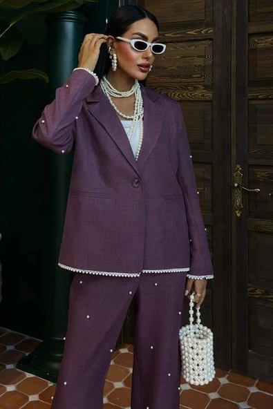 İnci Detaylı Ceket Pantolon Keten Takım 10124 - Resim 5