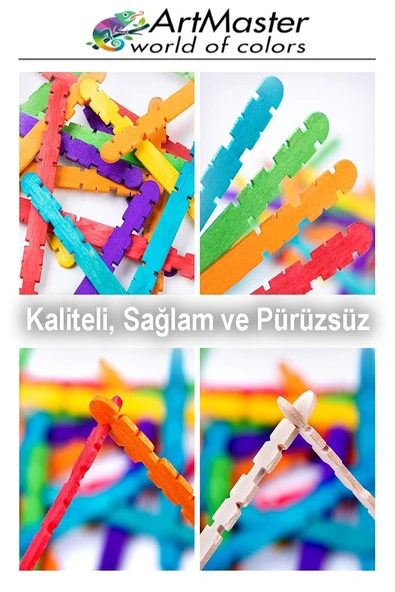 Renkli Dil Çubuğu Geçmeli Dar 150 Li 1 Paket Ahşap Çubuk Çentikli Eklemeli Renkli Tırtıklı Dondurma Çubuğu - Resim 2