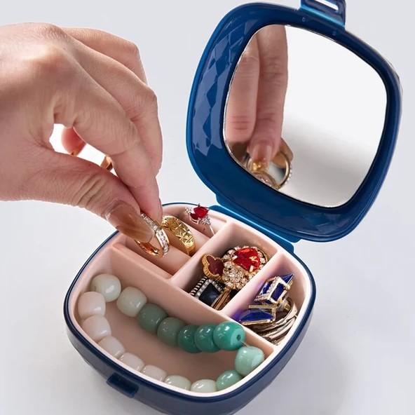 Taşınabilir Yüzüklü Takı Kutusu – Ayna ve 4 Bölmeli Mini Mücevher Organizer - Lacivert - Resim 3