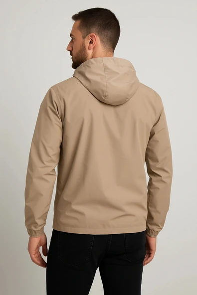 Kapüşonlu Fermuarlı Bej Renk Yağmurluk - Resim 3