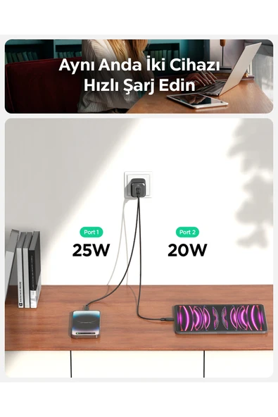 Spigen ArcStation Pro GaN 452 45W 2 Port USB-C Güç Adaptörü Beyaz ACH05155 - Resim 2