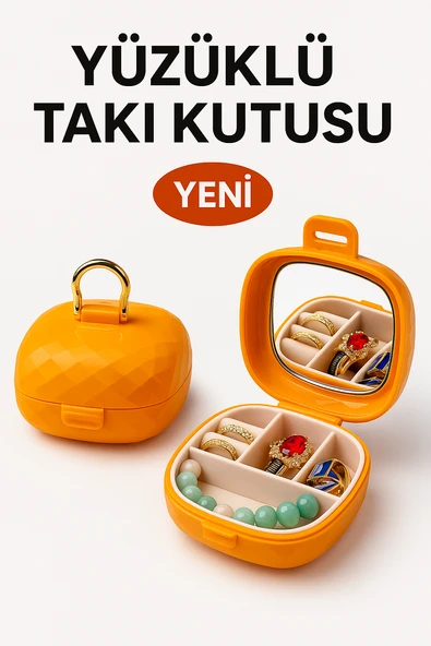 Taşınabilir Yüzüklü Takı Kutusu – Ayna ve 4 Bölmeli Mini Mücevher Organizer - Turuncu ürün görseli 1