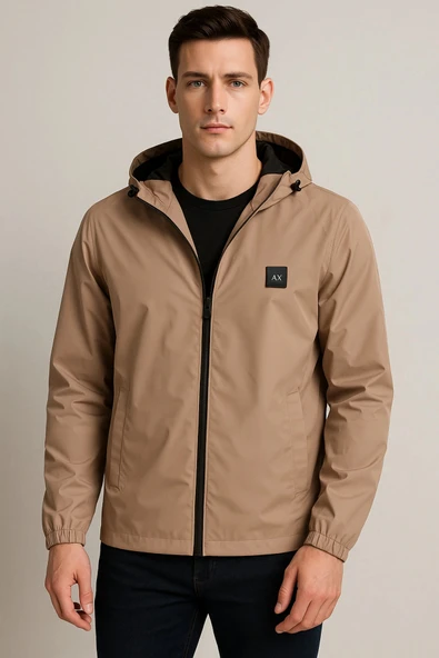 Kapüşonlu Fermuarlı Bej Renk Yağmurluk ürün görseli 1