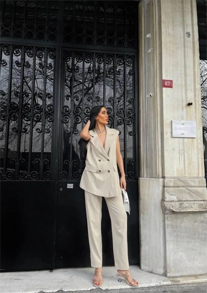 ÇİZGİİ UZUN YEEK  PANTOON TAKI POVİCON  Bej - Resim 3