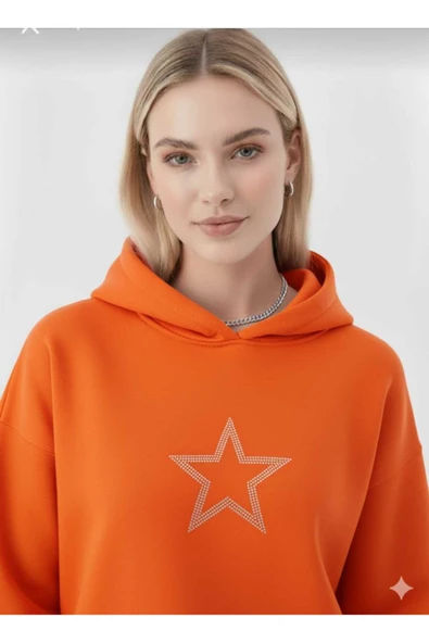 blackbonds 2 İplik Kalın Şardonlu Yıldız Taş Baskılı Oversize Hoodie - Resim 12