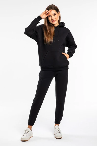 Vengeance Outlet Kapşonlu Kadın Siyah Renkli 2 Iplik Polarlı Eşofman Takımı ürün görseli
