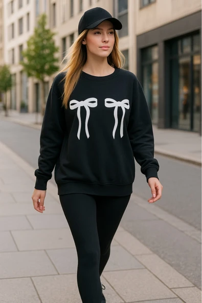 KOZİA OUTDOORS kurdela baskılı kadın bisiklet yaka basic swaetşhirt - Resim 4