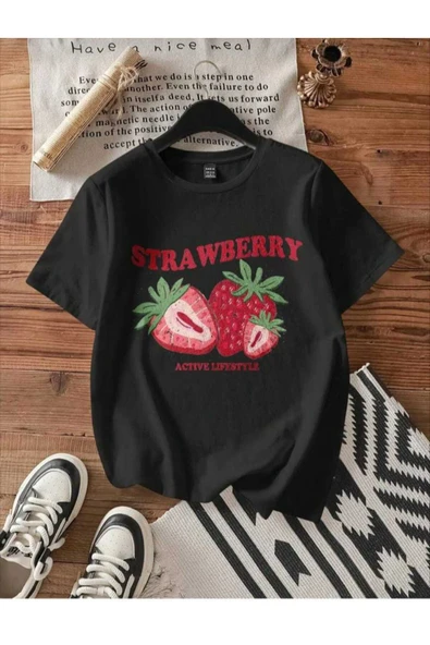 KOZİA OUTDOORS malkoçbey çilek baskılı oversize unisex basic t-şhirt - Resim 3