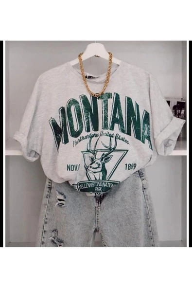 KOZİA OUTDOORS gri montana baskılı oversize t-şhirt ürün görseli