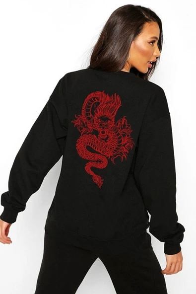 Pasage Arka-ön Dragon Baskılı Siyah Sweatshirt - Resim 3