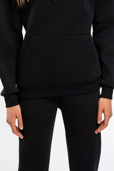 Vengeance Outlet Kapşonlu Kadın Siyah Renkli 2 Iplik Polarlı Eşofman Takımı - Resim 5