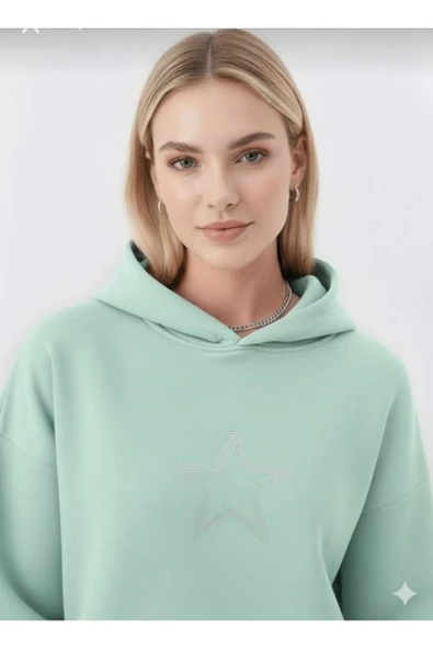 blackbonds 2 İplik Kalın Şardonlu Yıldız Taş Baskılı Oversize Hoodie - Resim 3