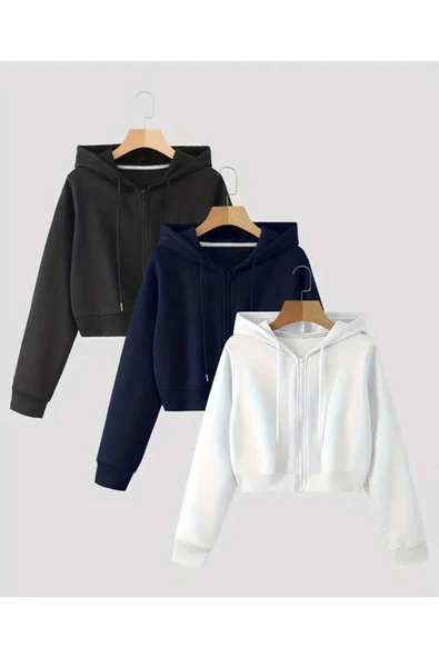 blackbonds Kapşonlu Fermuarlı Crop Hırka 3lü 3 İplik Şardonlu - Resim 10