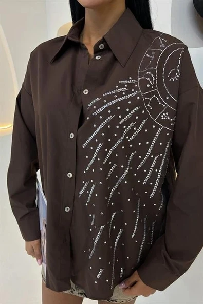 Ay Figürlü Taş İşlemeli Poplin Gömlek 3440 - Resim 3