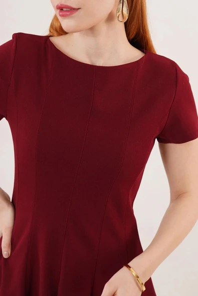 Önden Dikiş Detaylı Çan odel Bordo Elbise - Resim 4