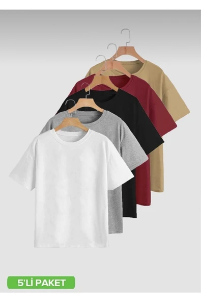 JAKARLI 5’li Paket Oversize Beyaz Gri Siyah Bordo Bej T-shirt ürün görseli