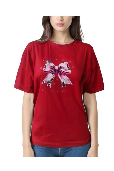 KOZİA OUTDOORS kartaneli fiyonk baskılı kadın bisiklet yaka basic tişört - Resim 3