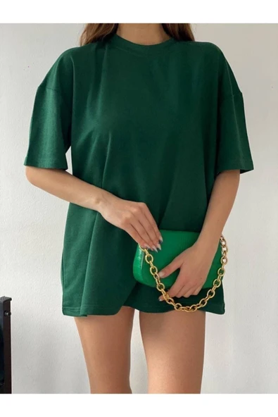 JAKARLI Unisex Zümrüt Yeşili Bisiklet Yaka Pamuk Oversize Boyfriend T-shirt - Resim 2