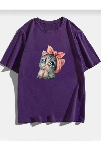 KOZİA OUTDOORS sevimli kedi baskılı oversize basic o yaka unisex t-şhirt ürün görseli