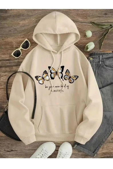 KOZİA OUTDOORS malkoçbey beautıful 3 kelebek baskılı kapüşonlu sweatşhirt - Resim 2