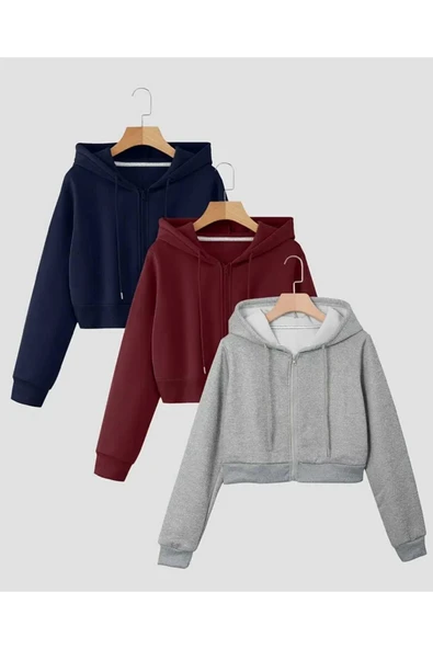 blackbonds Kapşonlu Fermuarlı Crop Hırka 3lü 3 İplik Şardonlu - Resim 9