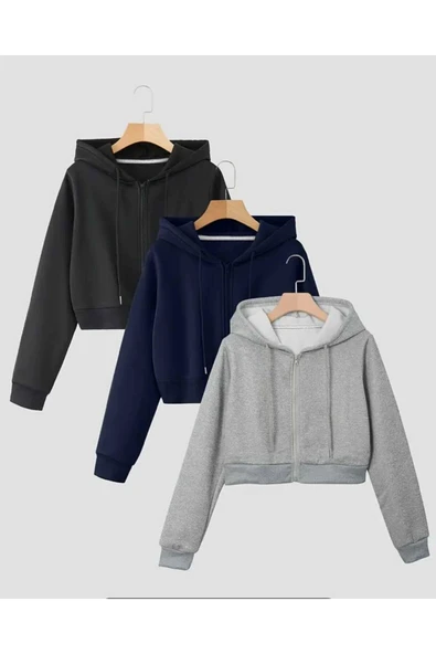 blackbonds Kapşonlu Fermuarlı Crop Hırka 3lü 3 İplik Şardonlu - Resim 4