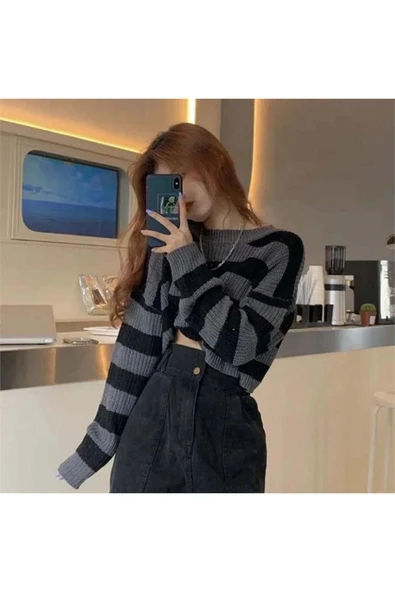 The Red Kadın Selanik Örgü Crop Çizgili Kazak - Resim 2