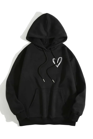 MANCY Unisex Turuncu Kalp Baskılı Kapüşonlu Sweatshirt - Resim 4