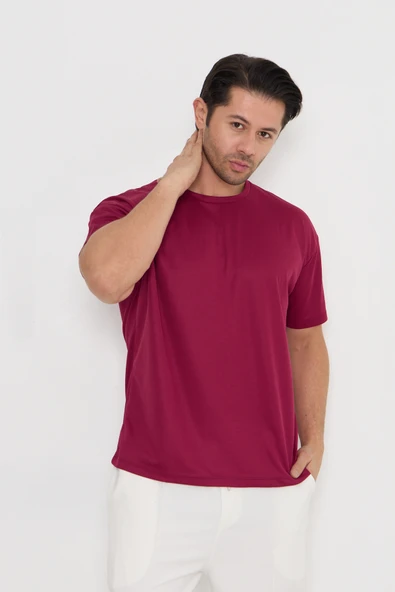 Moda Işık Spor T-shirt Erkek Bordo Renk Baskılı Yuvarlak Yaka - Resim 7