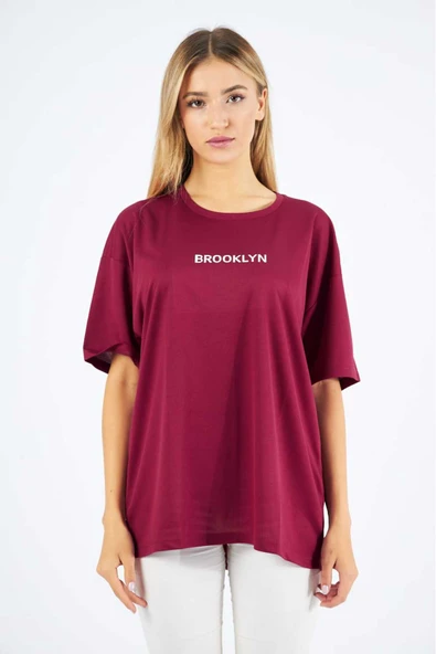 Moda Işık Spor T-shirt Yuvarlak Yaka Baskılı Bordo Renk ürün görseli