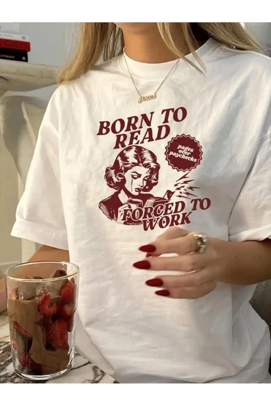 Oldeys Y2k  Beyaz Born to Reat Baskılı Oversize T-Shirt ürün görseli