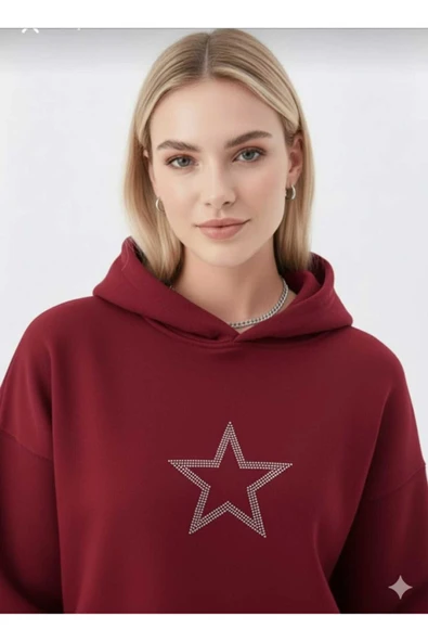 blackbonds 2 İplik Kalın Şardonlu Yıldız Taş Baskılı Oversize Hoodie ürün görseli