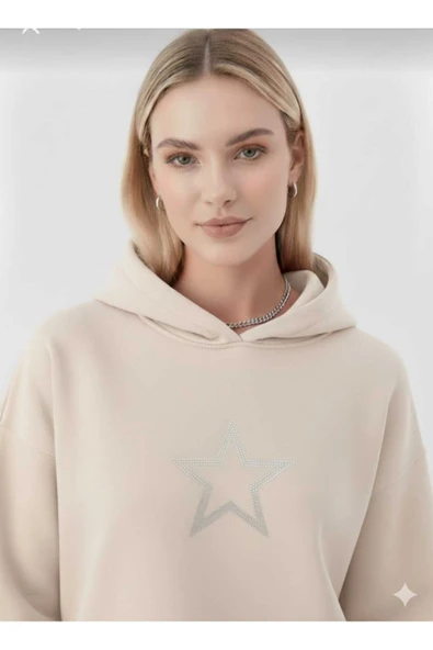 blackbonds 2 İplik Kalın Şardonlu Yıldız Taş Baskılı Oversize Hoodie - Resim 7