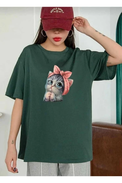 KOZİA OUTDOORS sevimli kedi baskılı oversize basic o yaka unisex t-şhirt - Resim 4