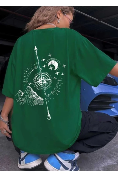 KOZİA OUTDOORS pusula sırt baskılı oversize basic o yaka unisex t-şhirt - Resim 3