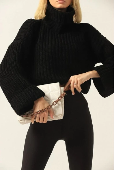 Stories Dier Moda Kadın Gri Balıkçı Yaka Crop Triko Kazak ürün görseli