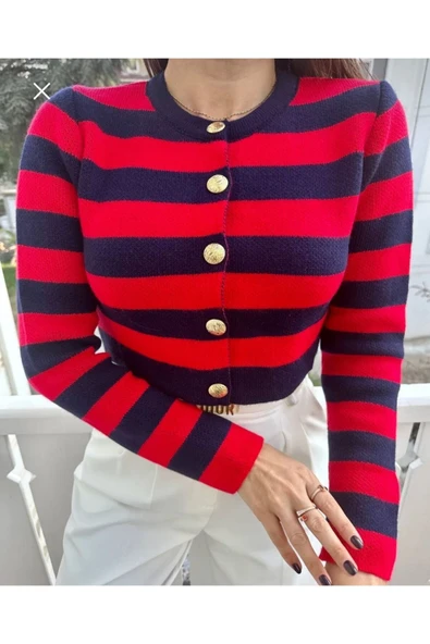 myfok Kadın Kırmızı Şeritli Bisiklet Yaka Gold Düğmeli Crop Triko Hırka ürün görseli