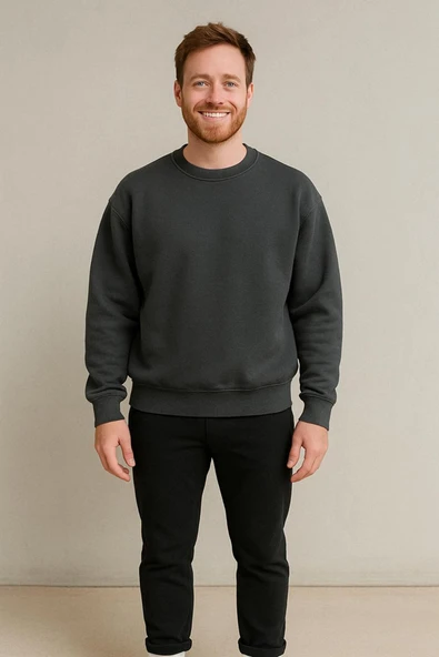 KOZİA OUTDOORS unisex baskısız füme renk basic bisiklet yaka swatşhirt - Resim 3